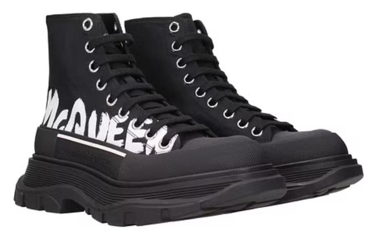 (WMNS) Alexander McQueen Tread Slick Graffiti Logo Boots 'Black White' 676718W4RQ21006 #