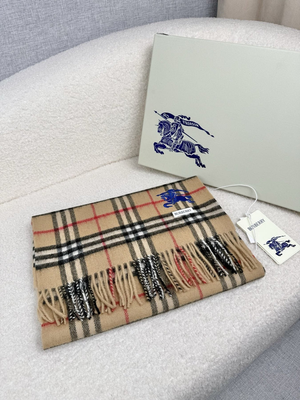 Burberry Beige Plaid Cashmere-Wool Scarf