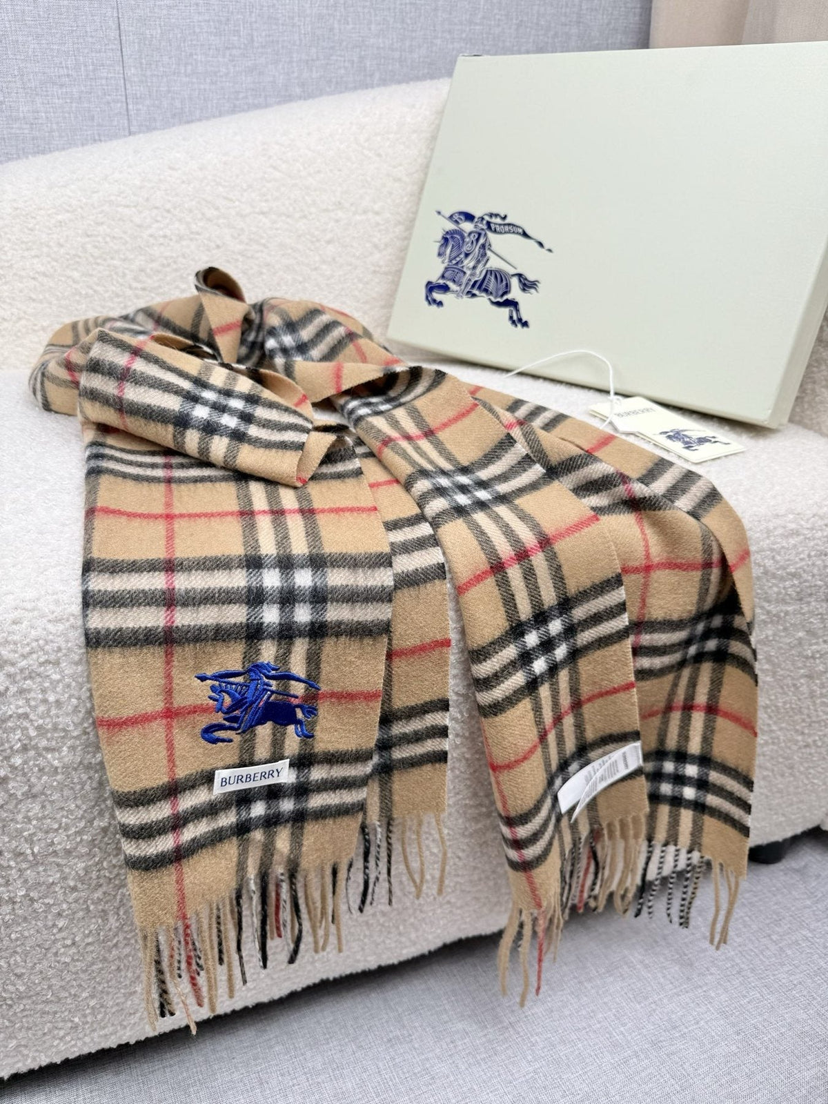 Burberry Beige Plaid Cashmere-Wool Scarf