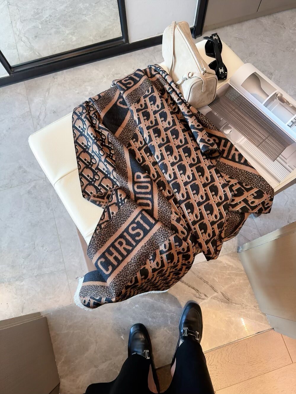 Dior Silk-Wool-Cotton Monogram Fringe Scarf