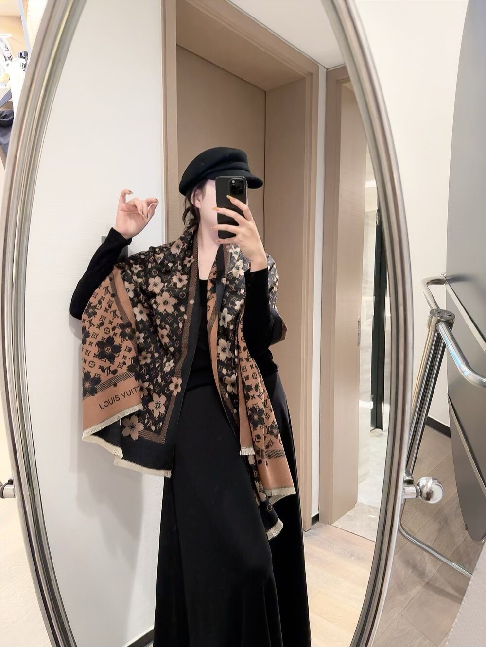 Louis Vuitton Black Floral and Monogram Fringe Scarf