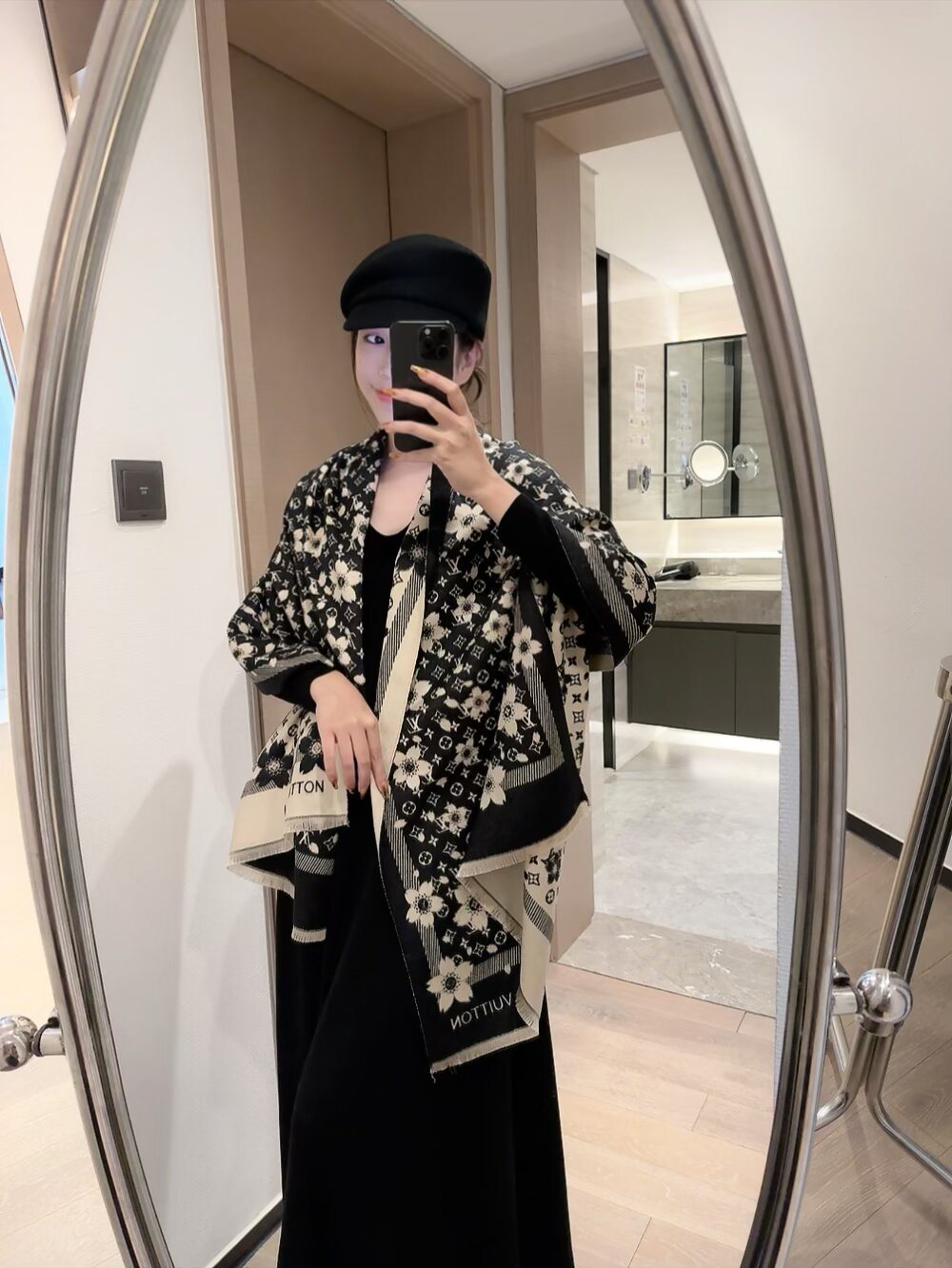 Louis Vuitton Black Floral and Monogram Fringe Scarf