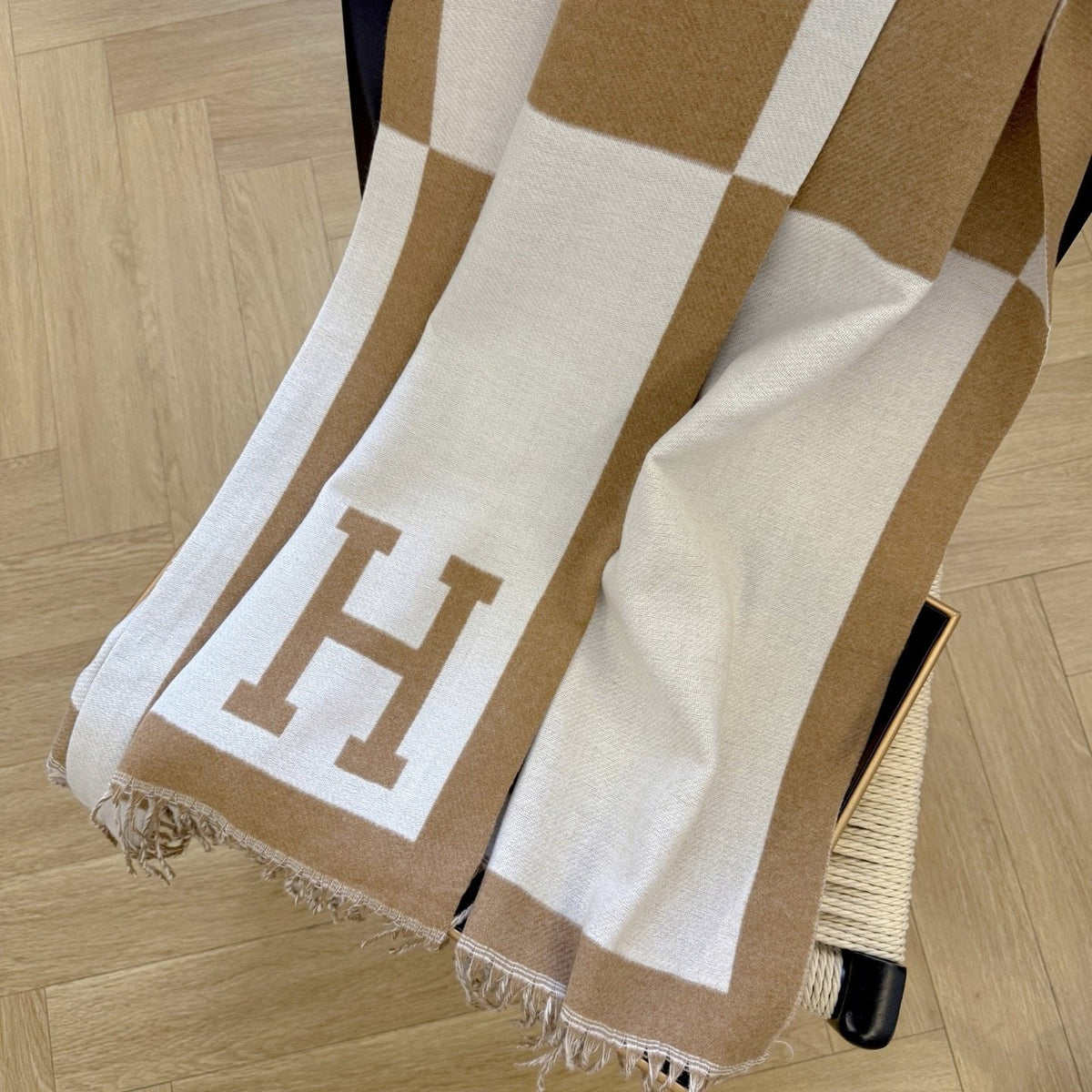 Hermès Fringed Color-Block Letter-Motif Scarf