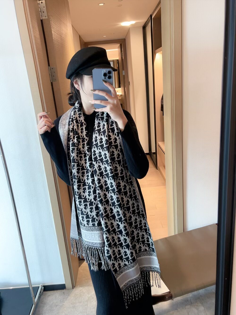 Dior Woven Monogram Fringe Scarf with Contrast Border