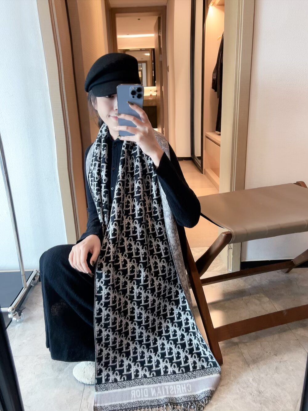 Dior Woven Monogram Fringe Scarf with Contrast Border