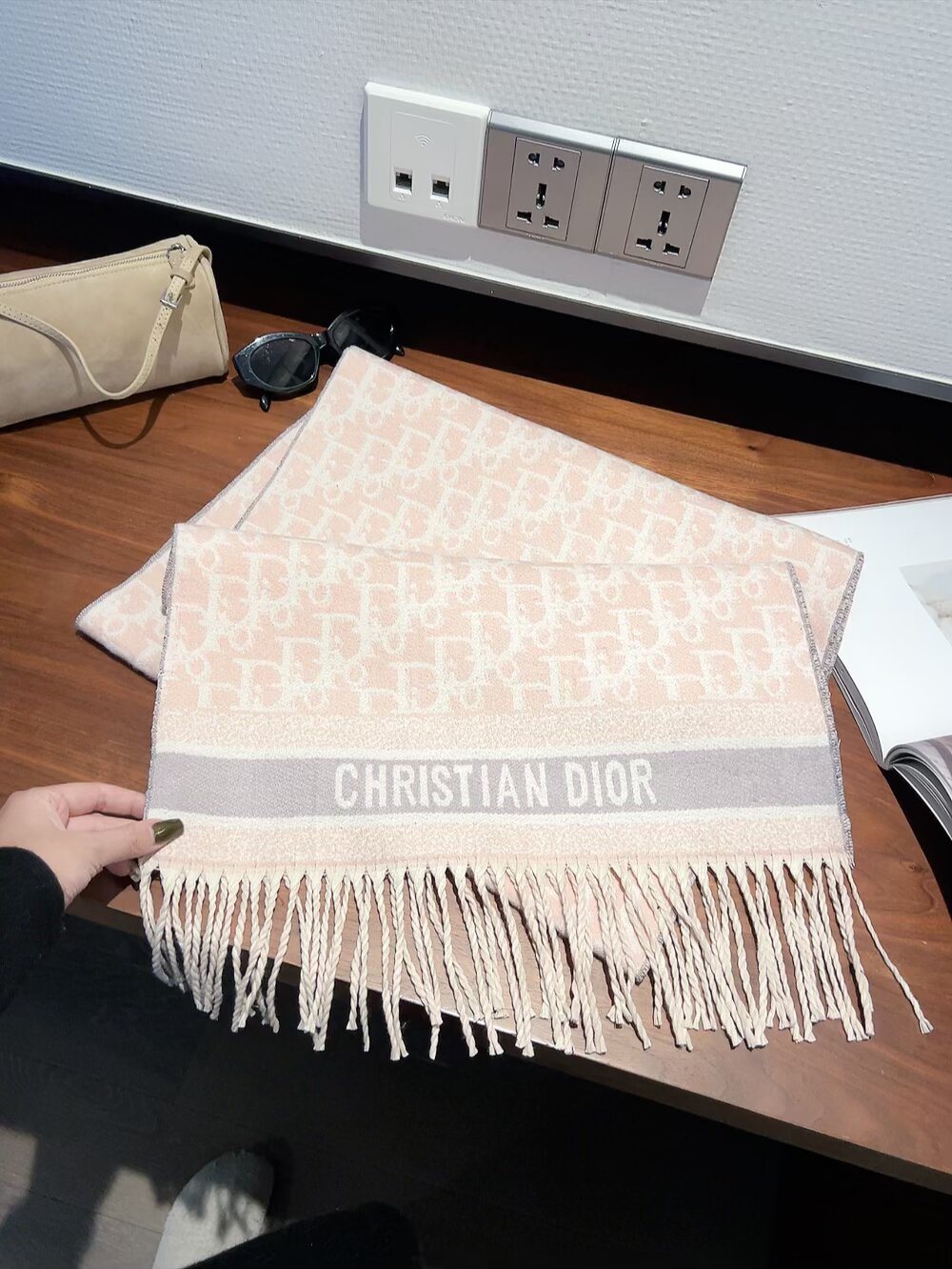 Dior Woven Monogram Fringe Scarf with Contrast Border