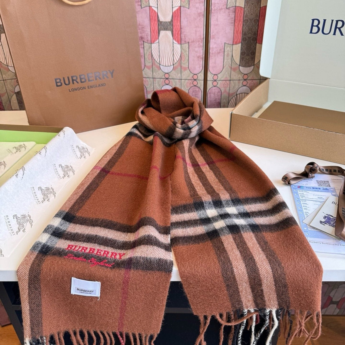Burberry Brown Plaid Scarf with Embroidered Logo