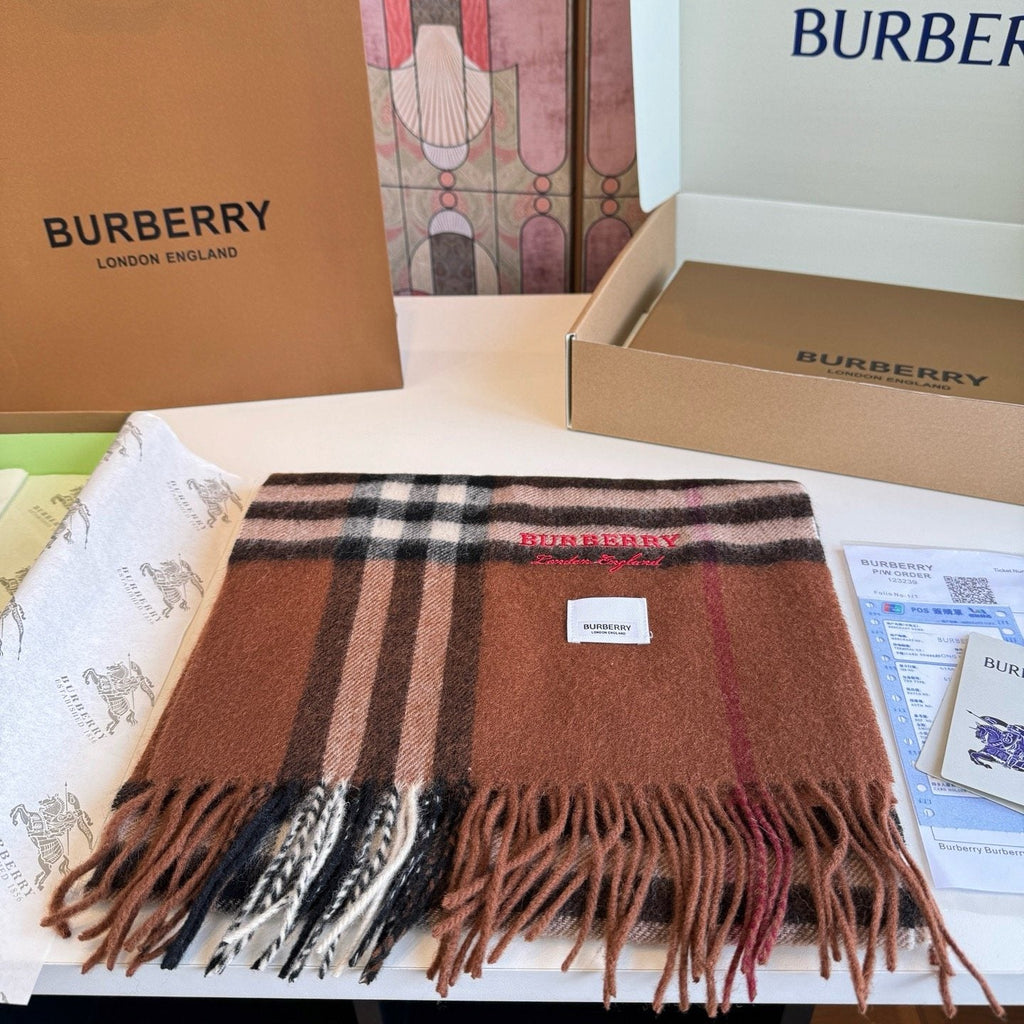 Burberry Brown Plaid Scarf with Embroidered Logo