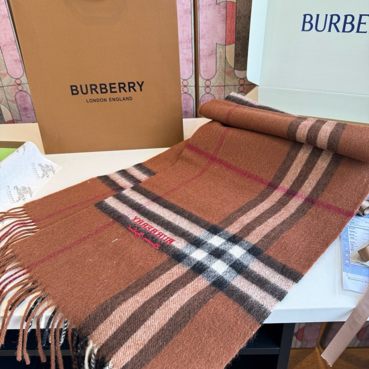 Burberry Brown Plaid Scarf with Embroidered Logo