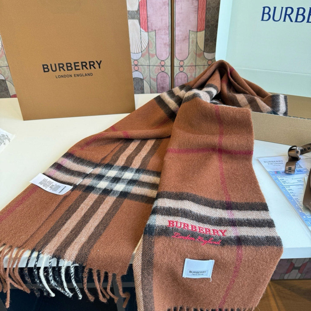 Burberry Brown Plaid Scarf with Embroidered Logo