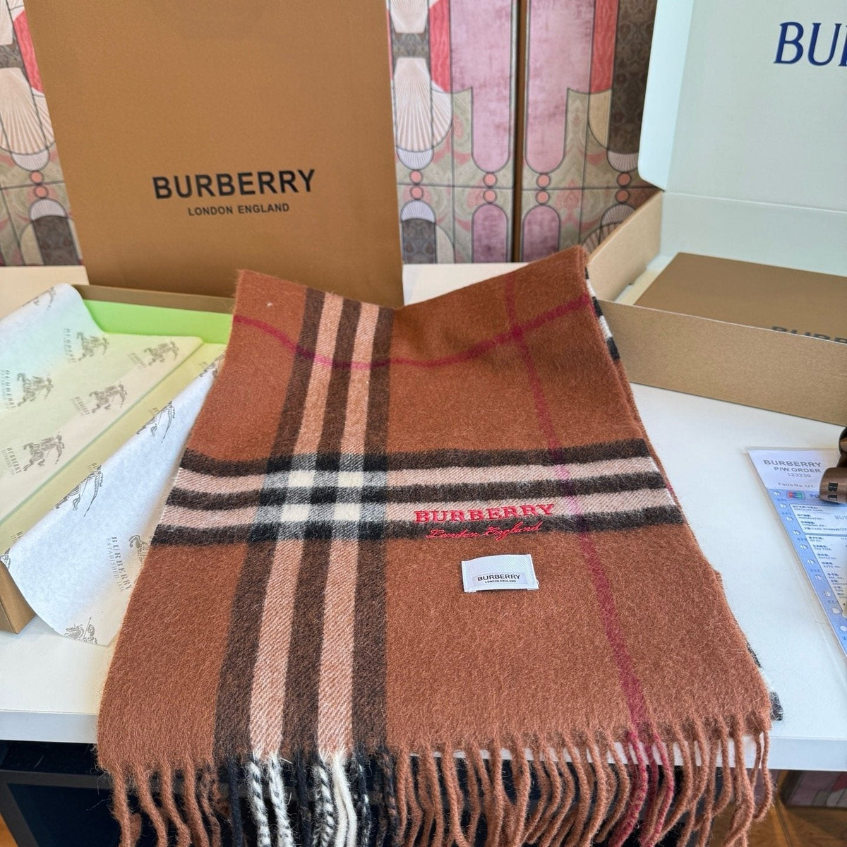 Burberry Brown Plaid Scarf with Embroidered Logo