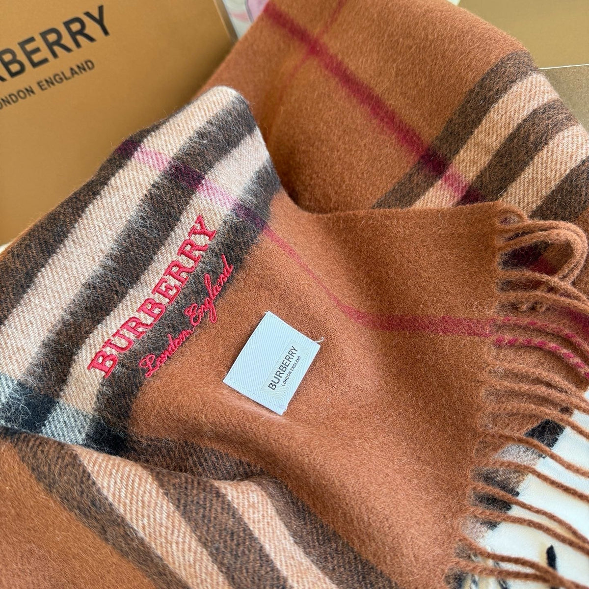 Burberry Brown Plaid Scarf with Embroidered Logo