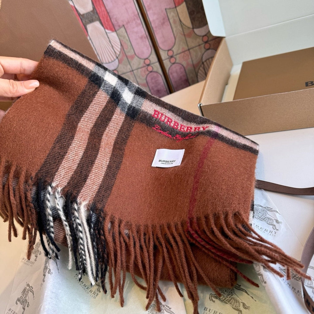 Burberry Brown Plaid Scarf with Embroidered Logo