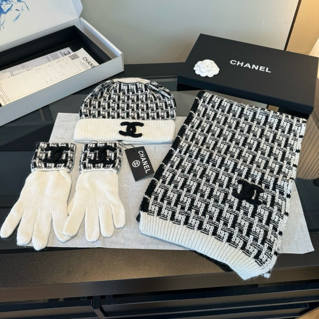 Chanel Black and Ivory Scarf, Beanie and Gloves Set