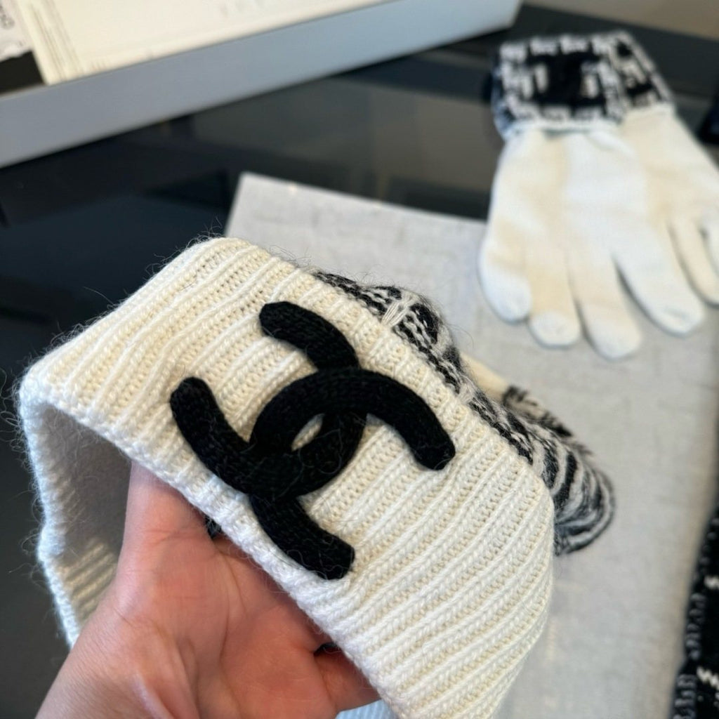 Chanel Black and Ivory Scarf, Beanie and Gloves Set