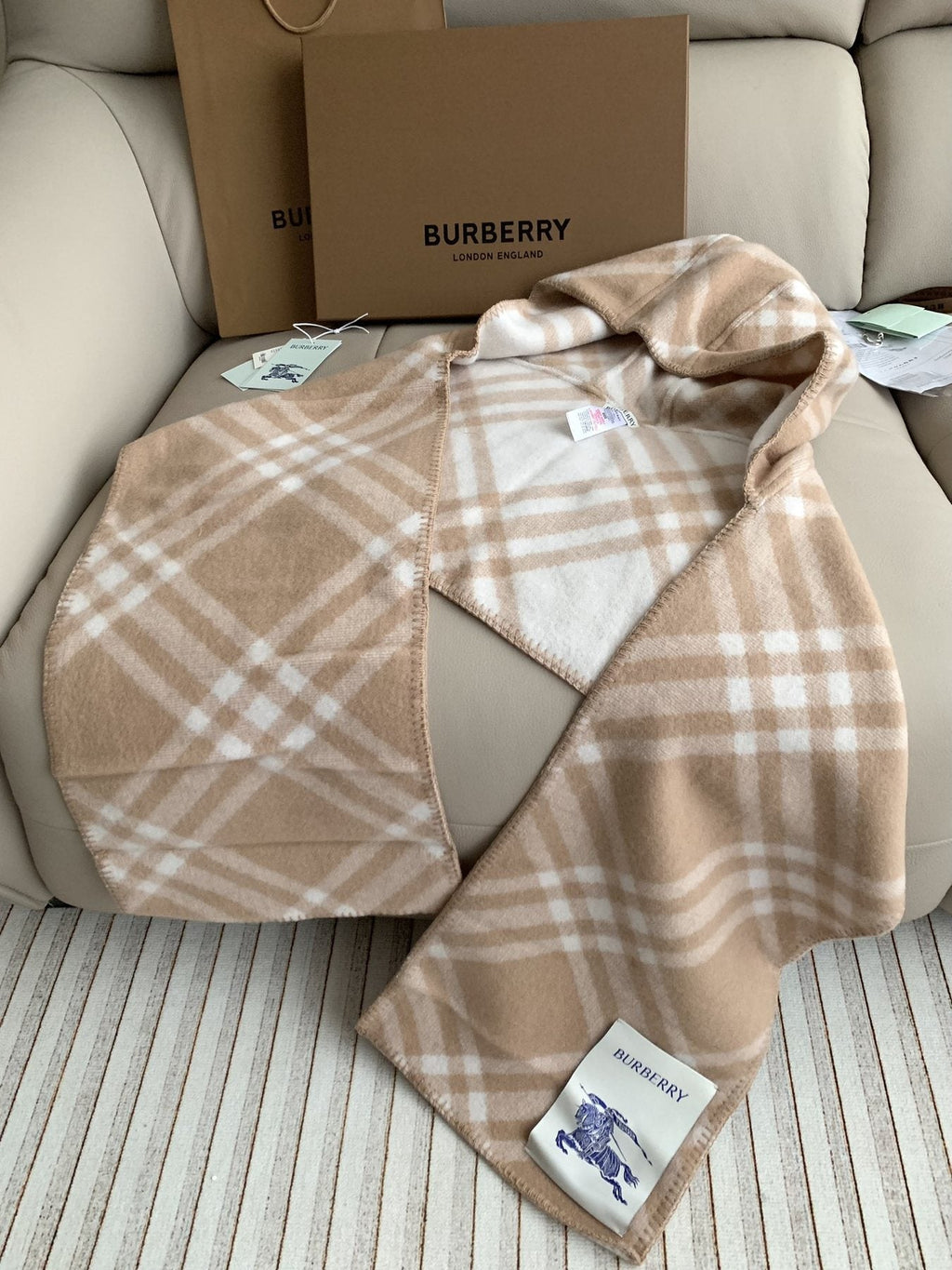 Burberry Beige Plaid Lambswool Fringed Scarf