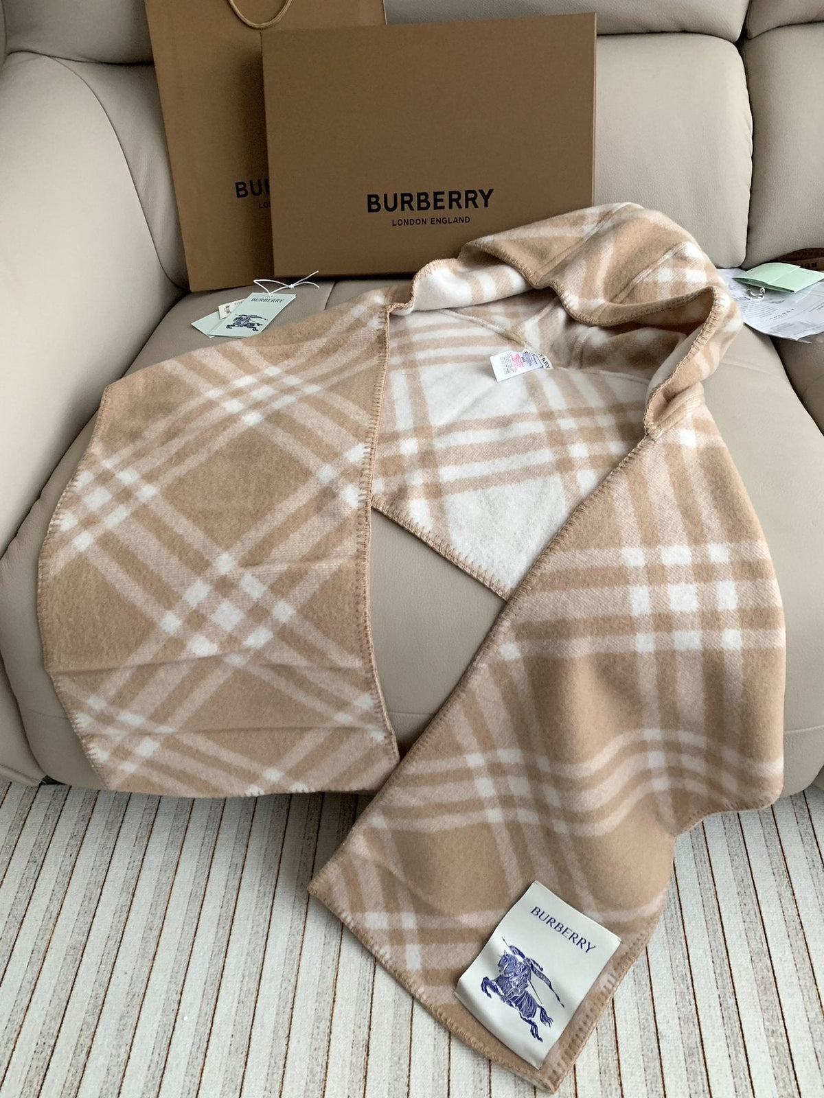 Burberry Beige Plaid Lambswool Fringed Scarf