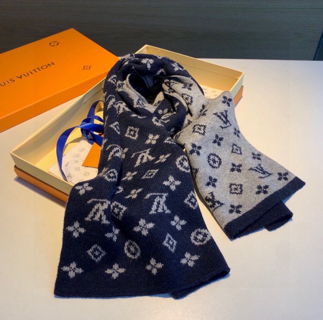 Louis Vuitton Navy and Gray Reversible Cashmere Scarf