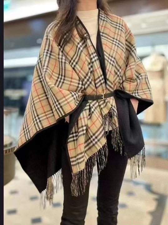 Burberry Reversible Plaid Fringe Cape Shawl