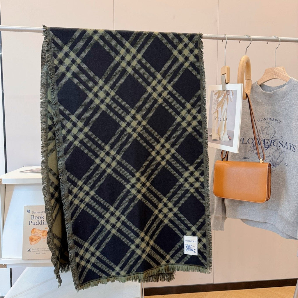 Burberry Black and Olive Plaid Scarf - 200 x 65 cm