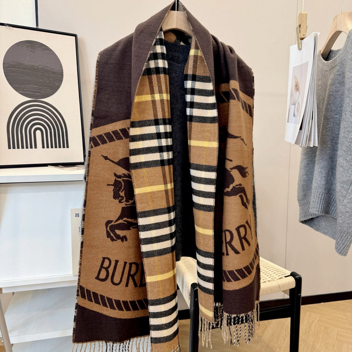 Burberry Brown Plaid Equestrian Graphic Scarf