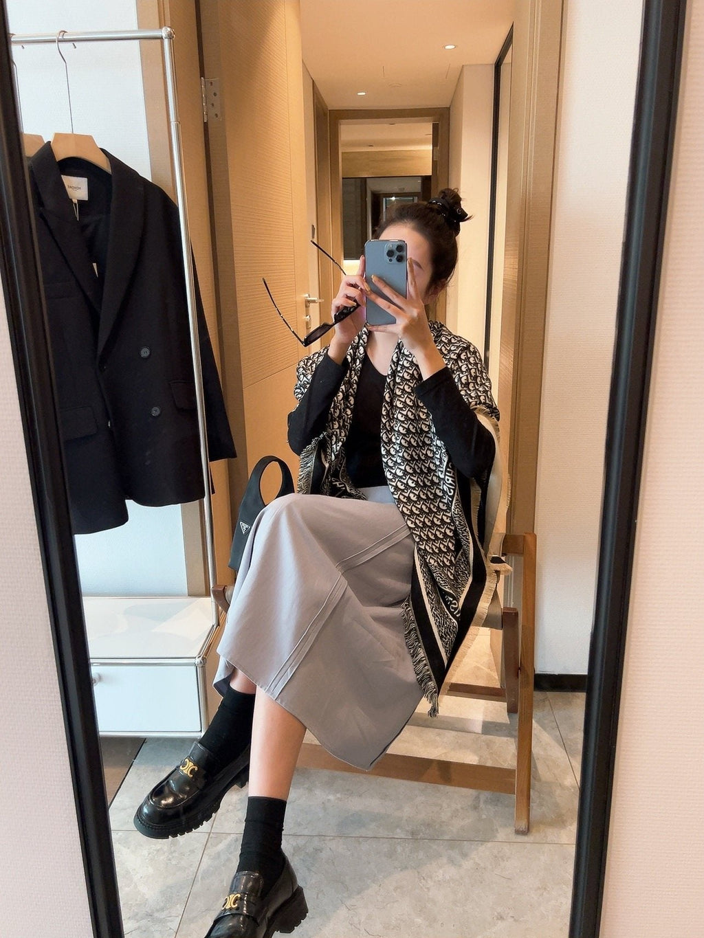 Dior Black and Gray Monogram Square Scarf