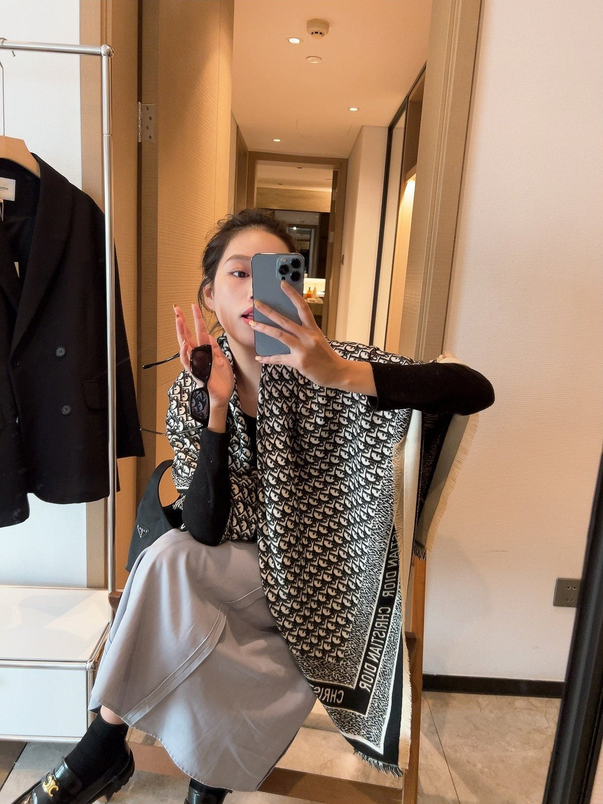 Dior Black and Gray Monogram Square Scarf