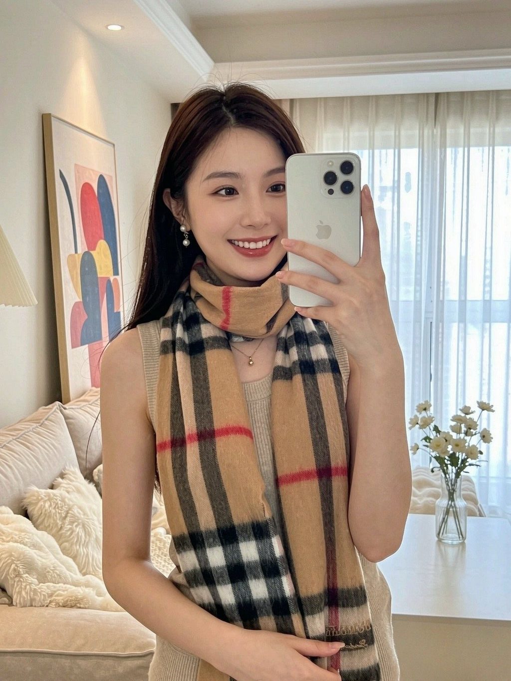 Burberry Embroidered Wordmark Plaid Scarf - 30 x 180 cm