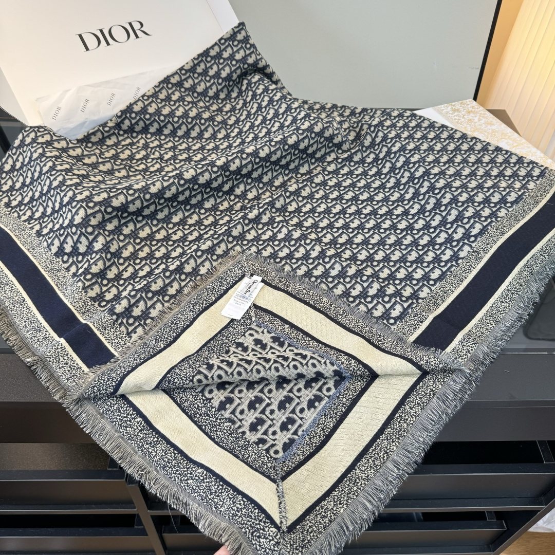 Dior Striped-Border Fringed Square Shawl