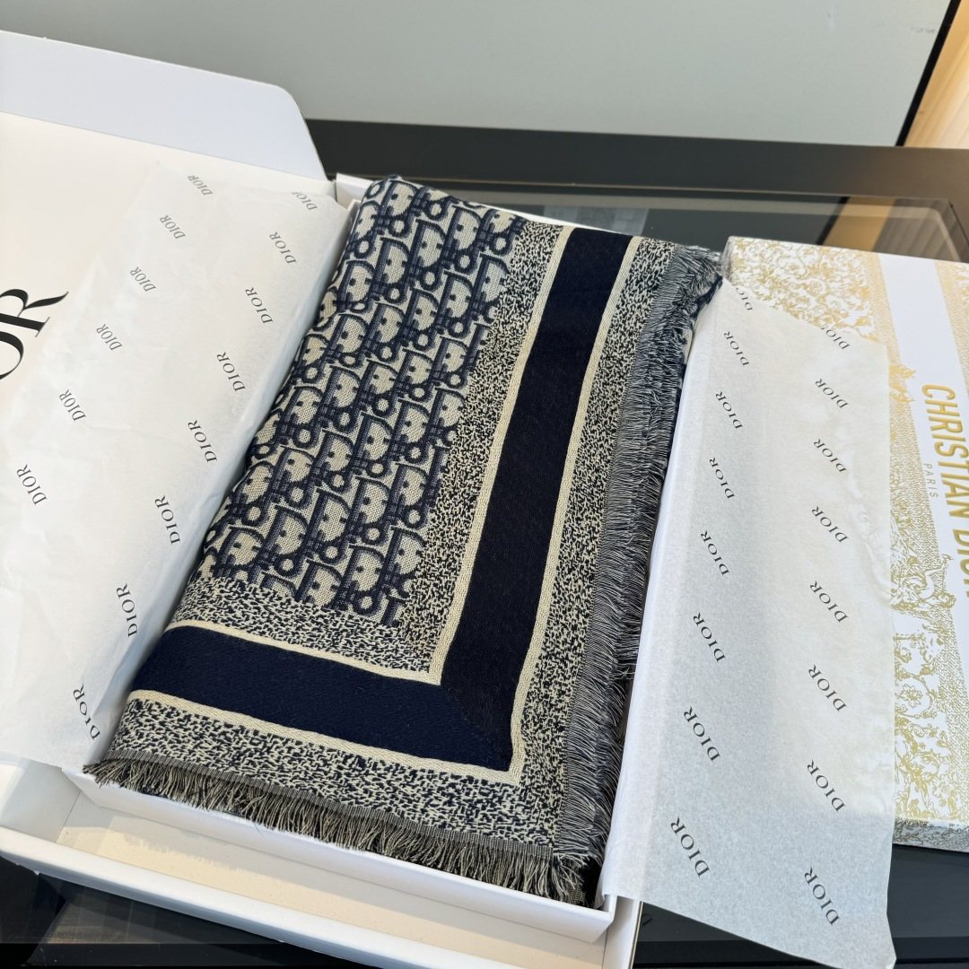 Dior Striped-Border Fringed Square Shawl