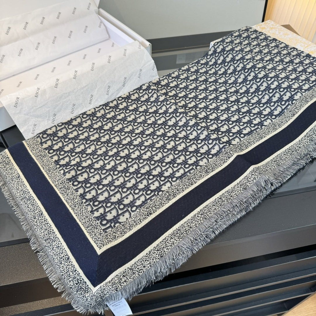 Dior Striped-Border Fringed Square Shawl