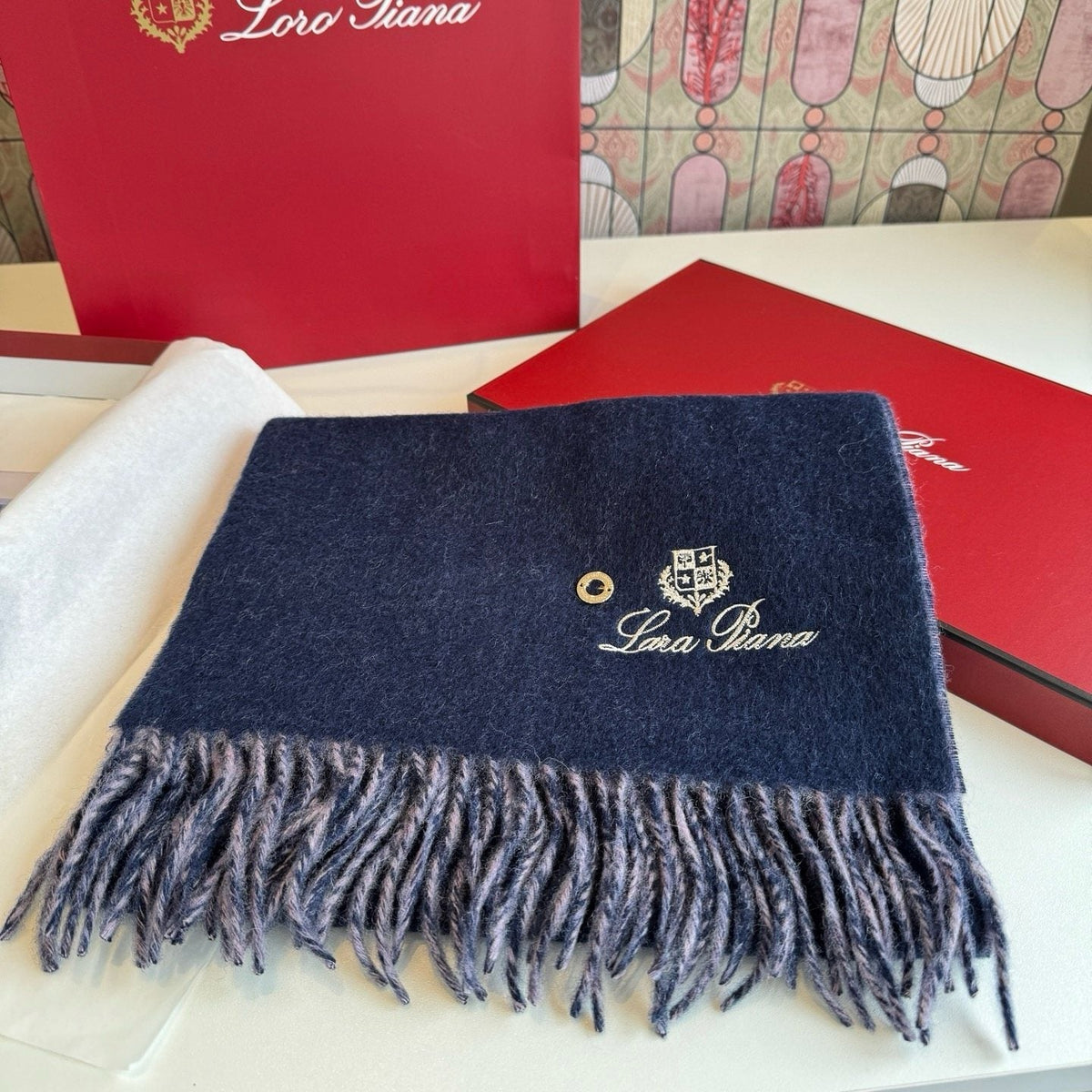 Loro Piana Reversible Scarf with Embroidered Crest