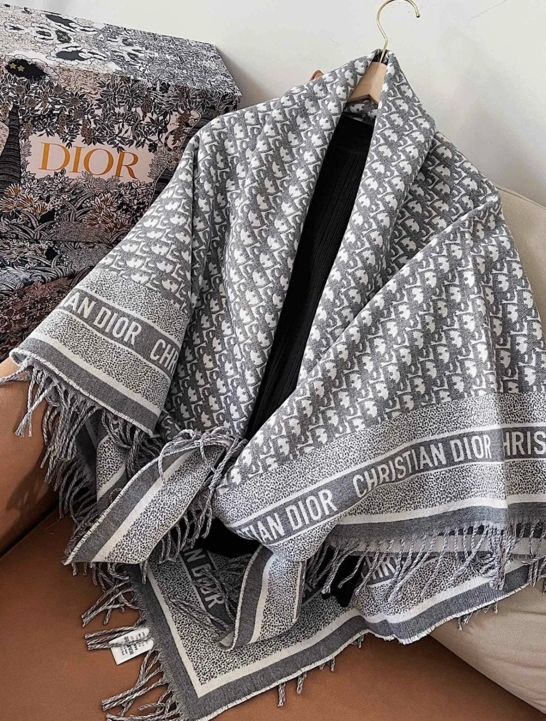 Dior Letter-Border Fringed Square Shawl