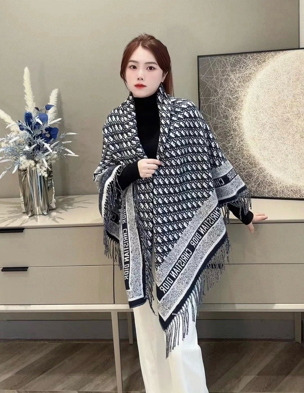 Dior Letter-Border Fringed Square Shawl