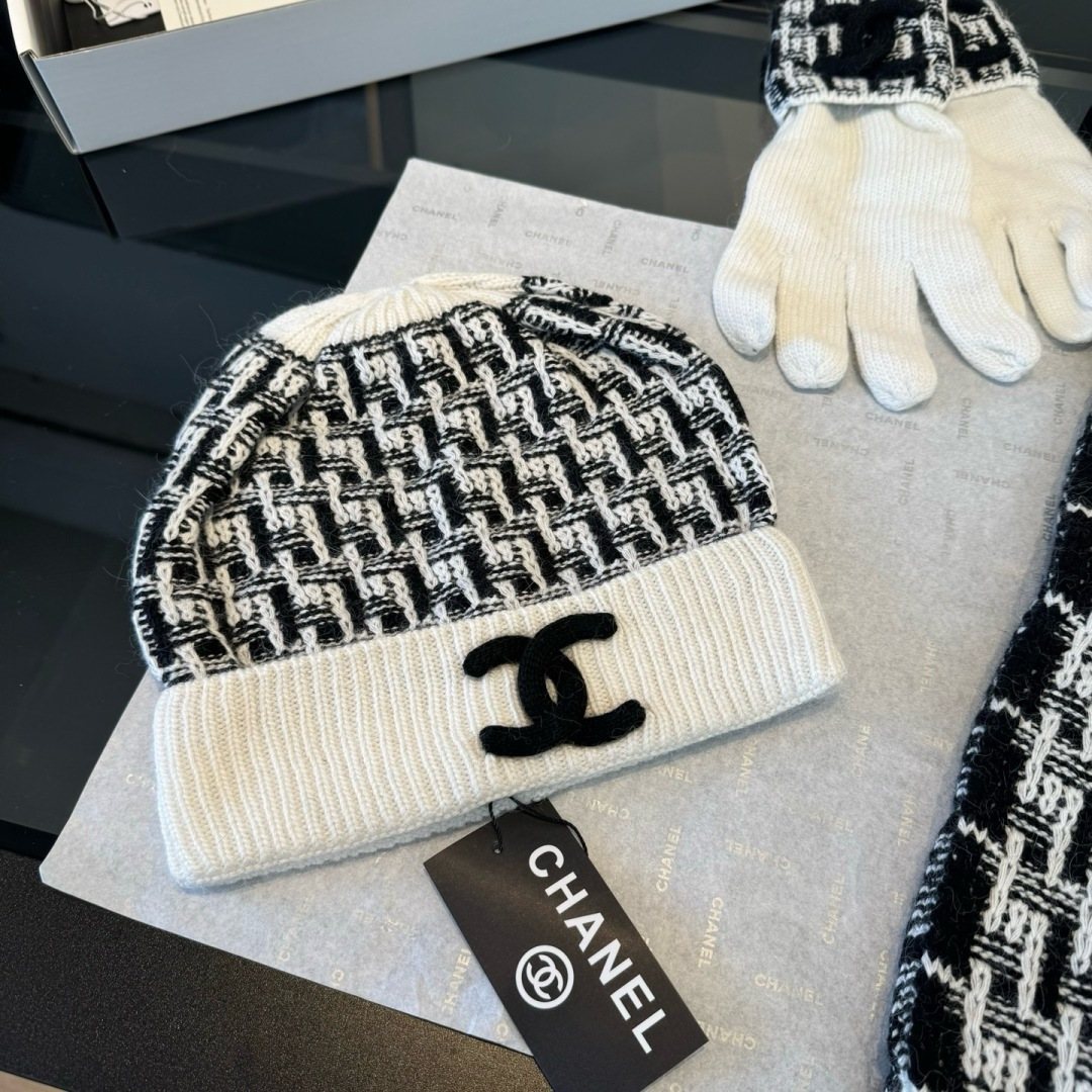 Chanel Logo Knit Hat, Scarf & Gloves Set