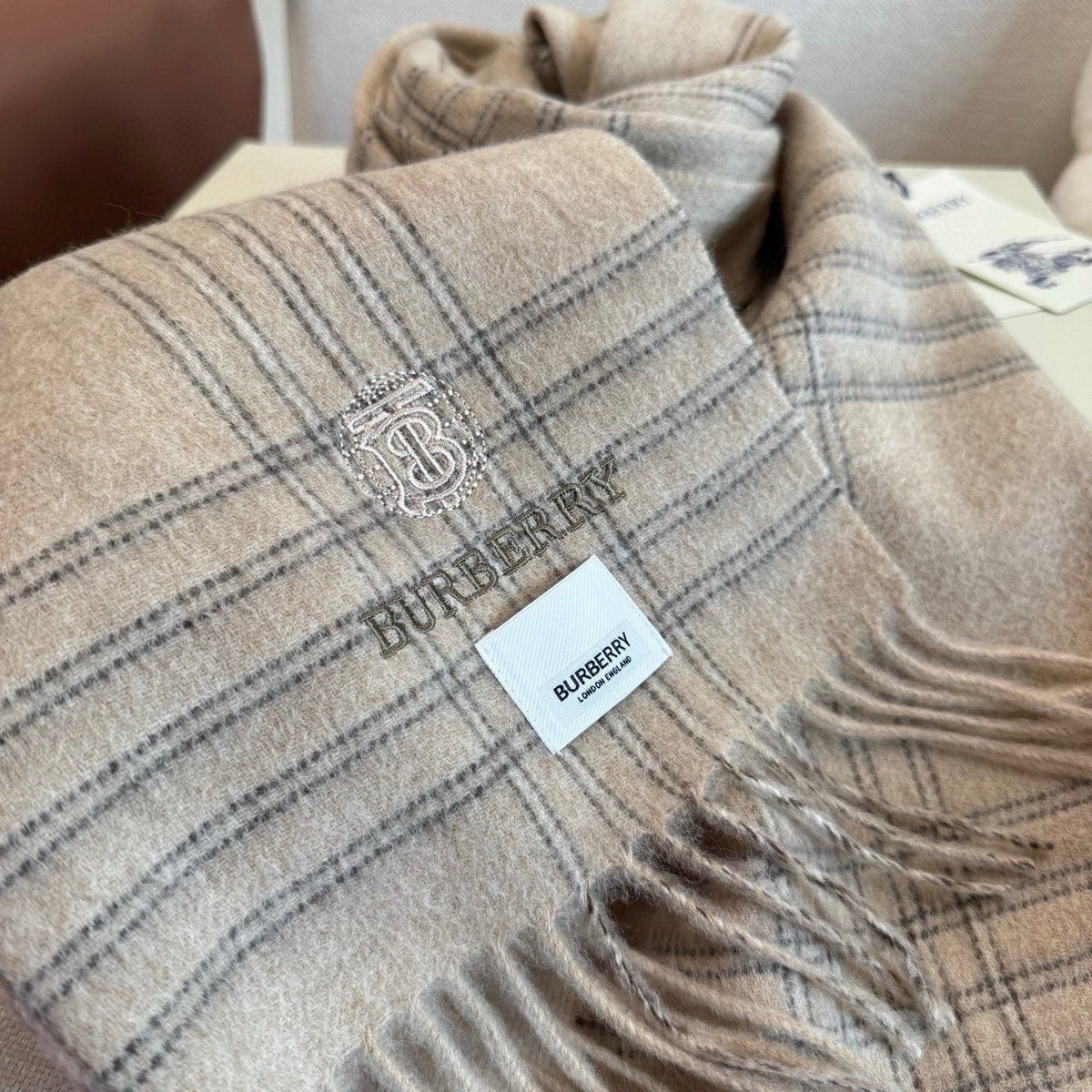 Burberry Woven-Logo Plaid Fringed Scarf