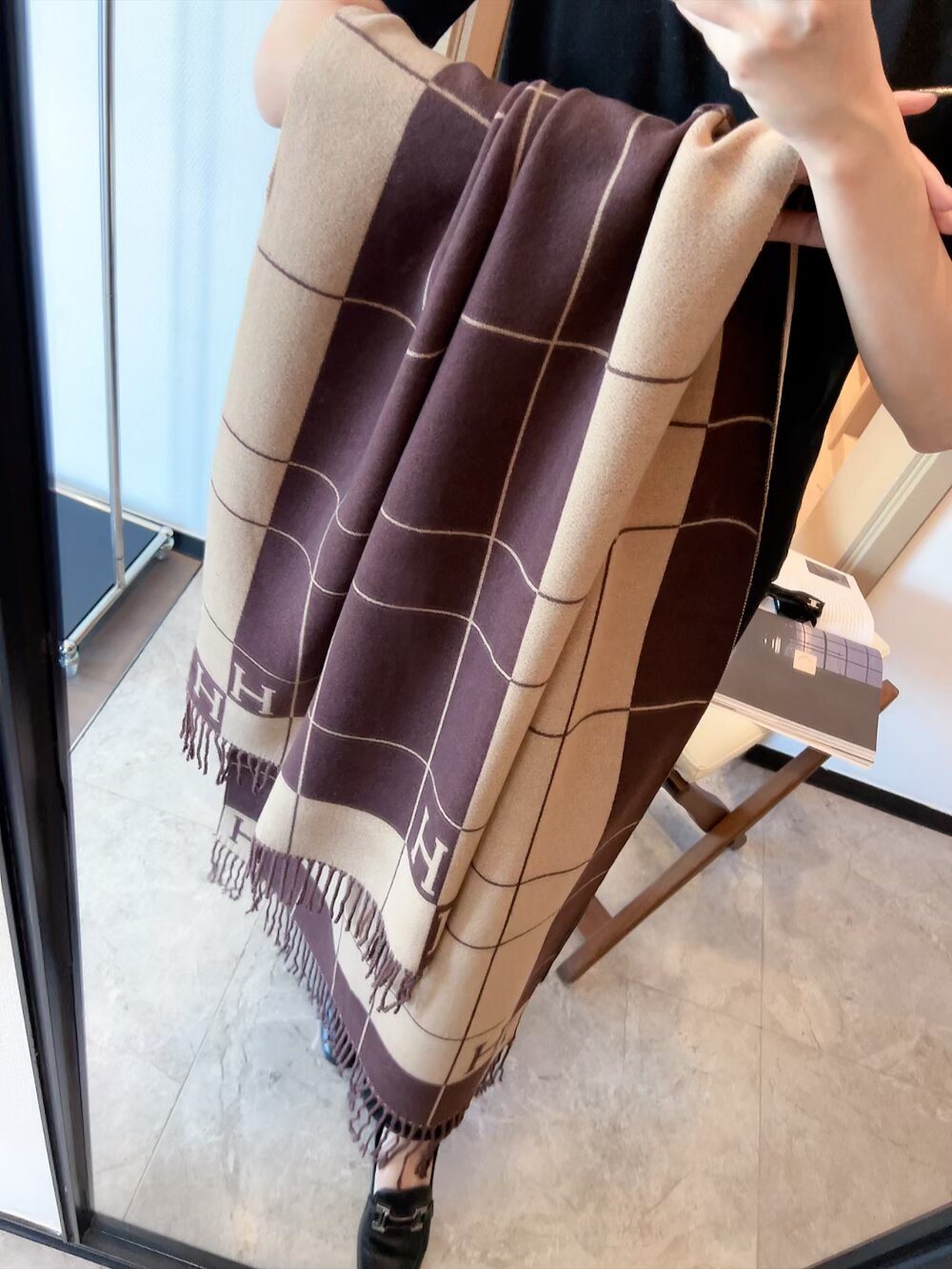 Hermès Fringed Grid Motif Scarf