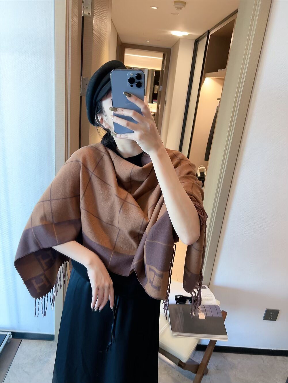 Hermès Fringed Grid Motif Scarf