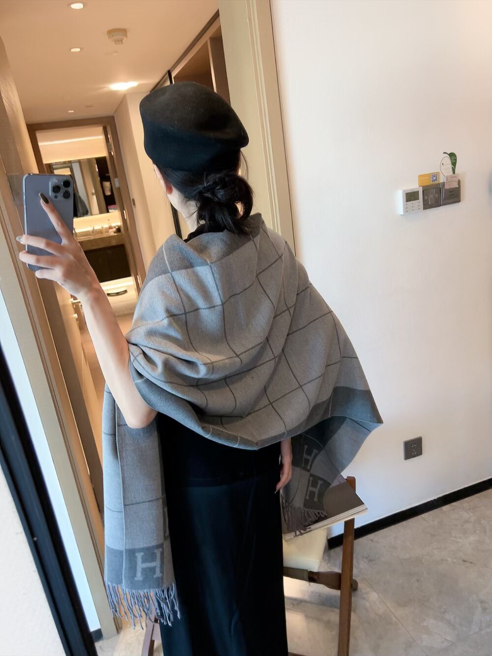 Hermès Fringed Grid Motif Scarf