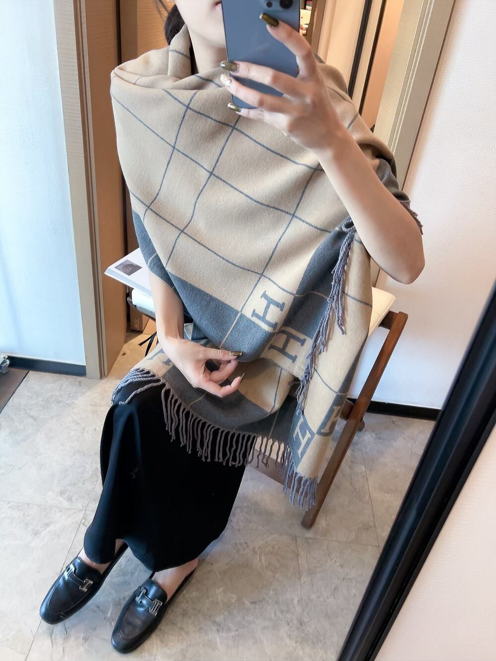 Hermès Fringed Grid Motif Scarf