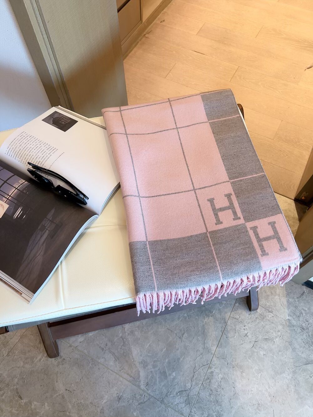 Hermès Fringed Grid Motif Scarf