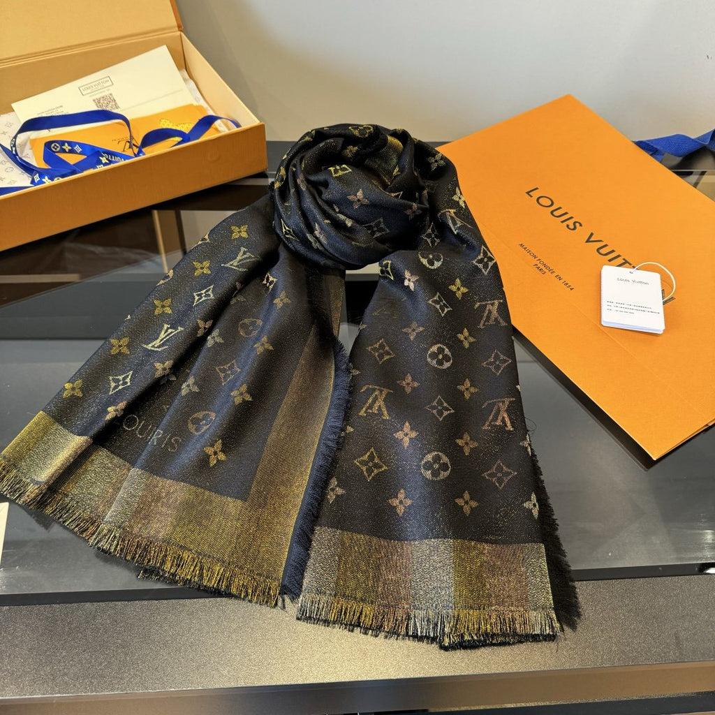 Louis Vuitton Charcoal Gold Monogram Fringed Shawl