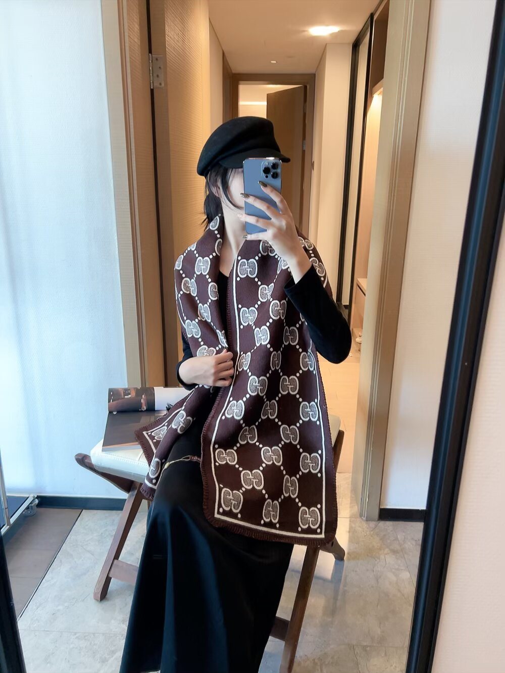 Gucci Woven Geometric Motif Fringe Scarf