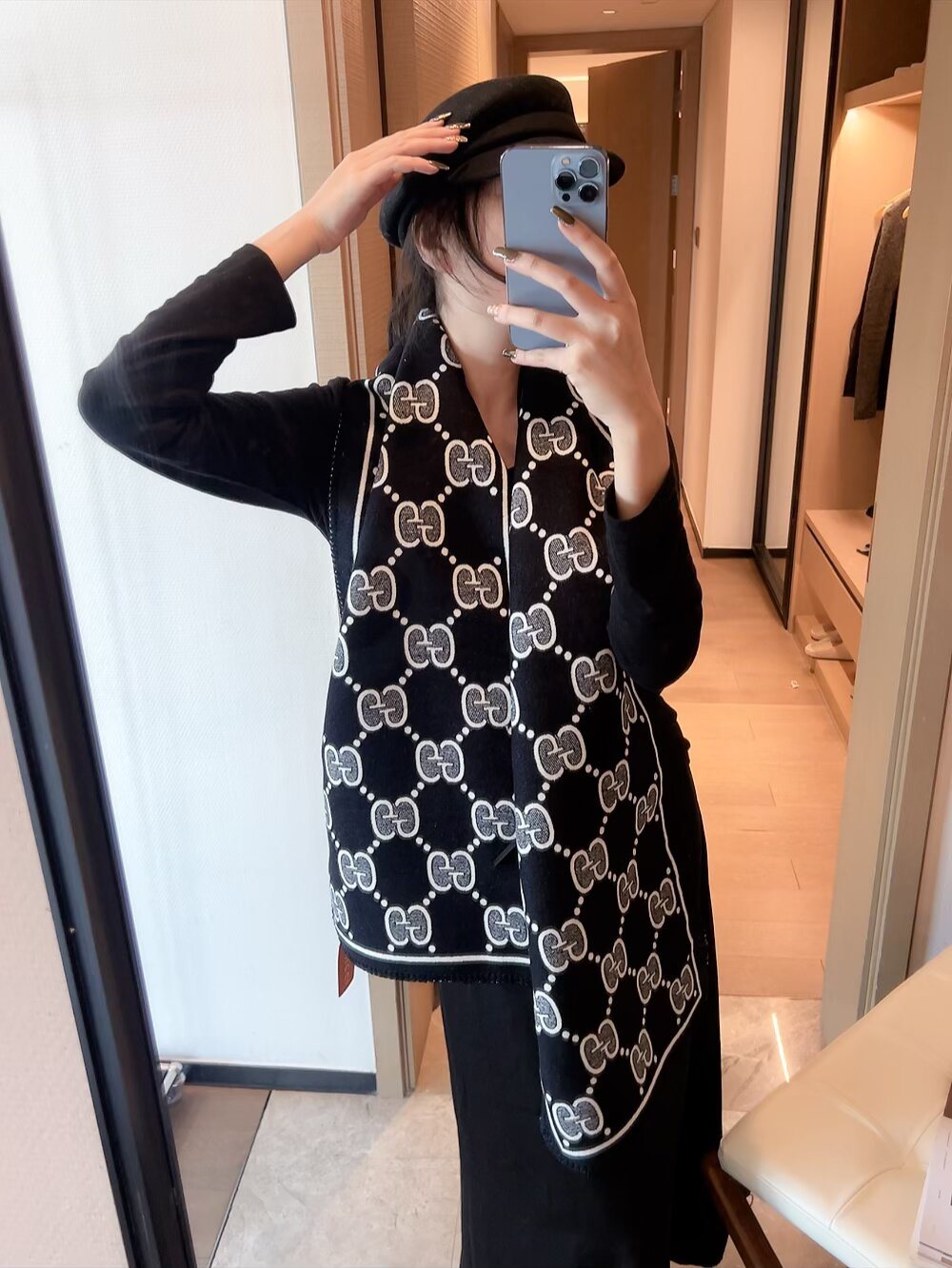 Gucci Woven Geometric Motif Fringe Scarf