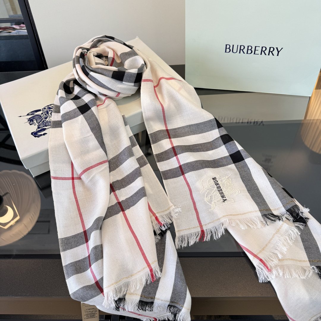 Burberry Plaid Fringe Cashmere Scarf