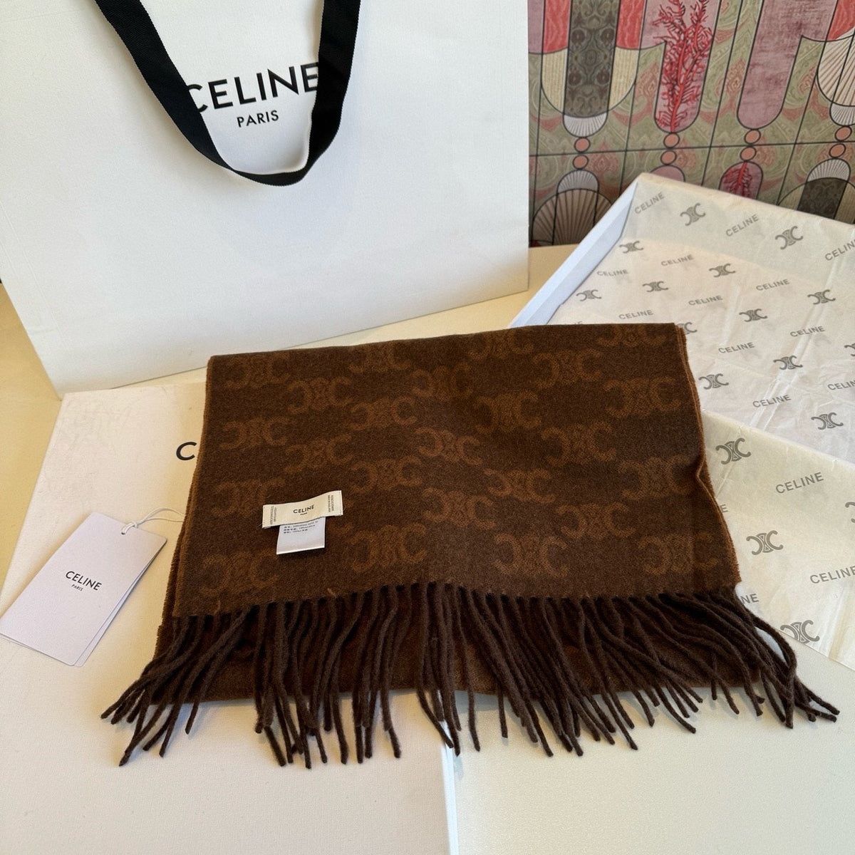 Celine Brown Patterned Fringed Scarf