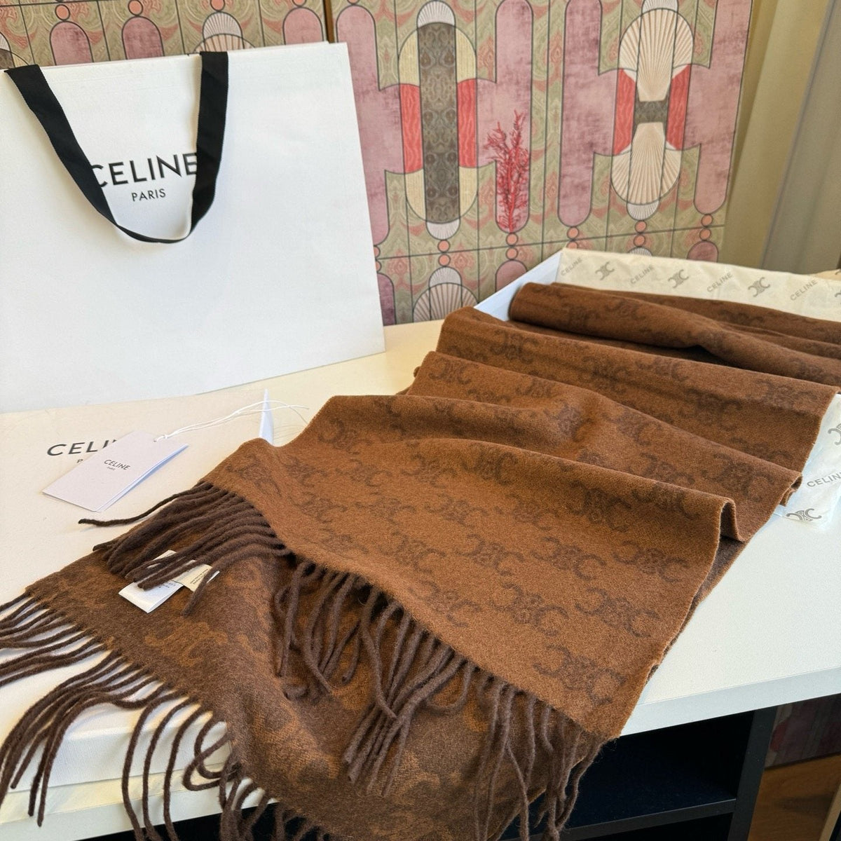 Celine Brown Patterned Fringed Scarf