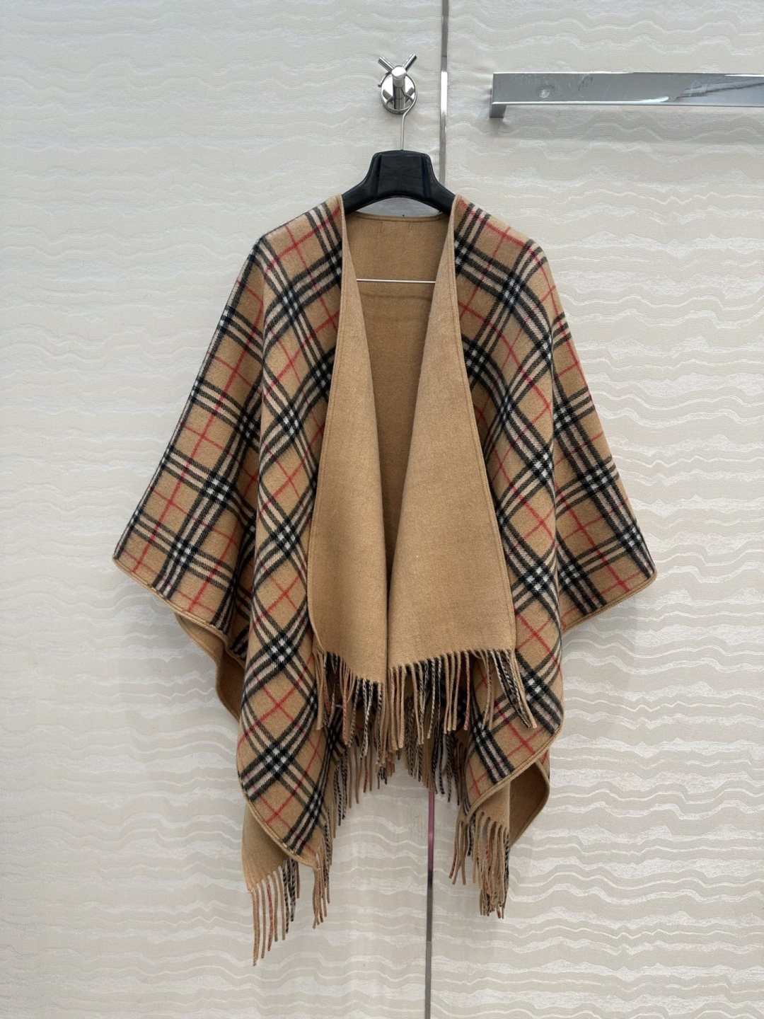 Reversible Plaid Fringed Wrap Cape
