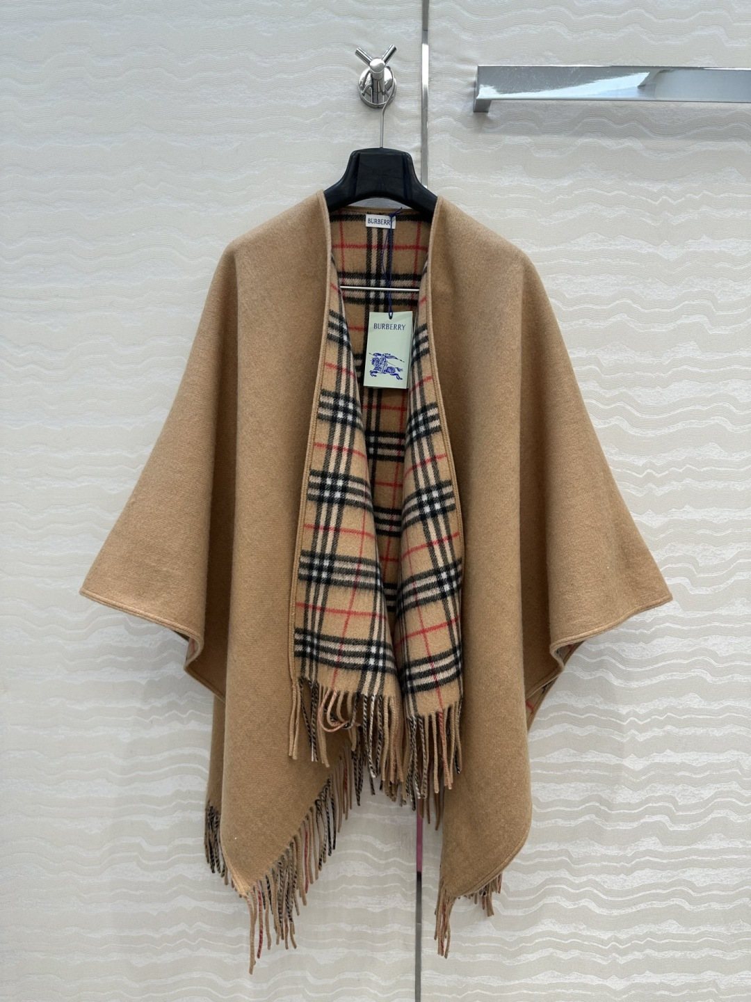 Reversible Plaid Fringed Wrap Cape