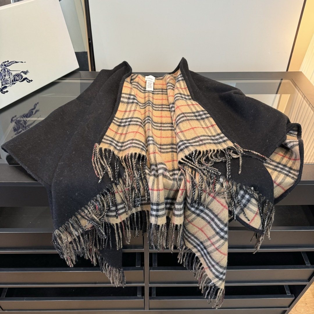 Reversible Plaid Fringed Wrap Cape